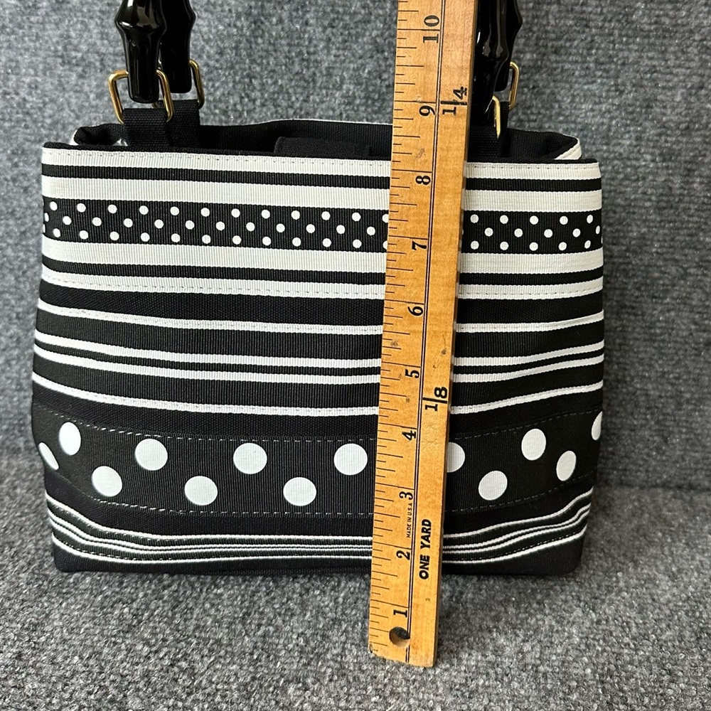 Vintage Tianni hand bag bamboo top handles black and white grosgrain ribbon 8x10 - Picture 12 of 13